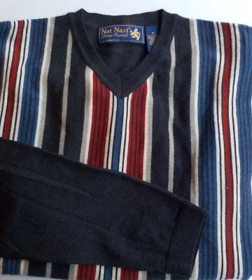 NAT NAST  V-Neck Striped Pullover Sweater100% Extra Fine Merino Wool M Gray - Image 1 of 3