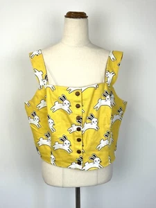 Handmade Womens Crop Bustier Top Yellow White Rabbit Print Snap Button Boho L XL - Picture 1 of 7