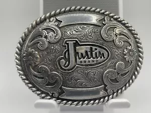 Justin brand western silver cowboy belt buckle - Picture 1 of 6