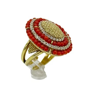 ANELLO TOPPA CORALLO ROSSO ZIRCONI E ARGENTO PLACCATO  - Immagine 1 di 4