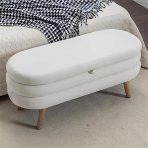 48.8" Oval Storage Bench Ottoman Teddy Velvet Upholstered End of Bed Stool - Picture 1 of 11
