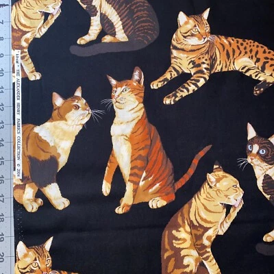 Kit-cat Alexander Henry Large Cats On Black 25" x 44" Cotton Fabric LAST PIECE - Image 1 of 4