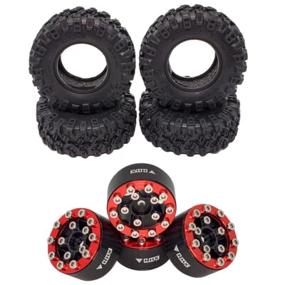 NHX RC All Terrain 1.0" Tires w/Alum Screw-Style Beadlock Wheels (4) Red SCX24 - Image 1 of 4