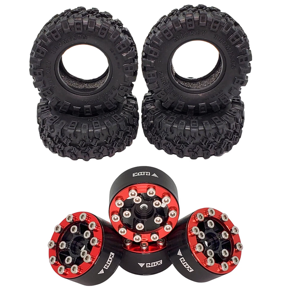NHX RC All Terrain 1.0" Tires w/Alum Screw-Style Beadlock Wheels (4) Red SCX24 - Image 1 of 4