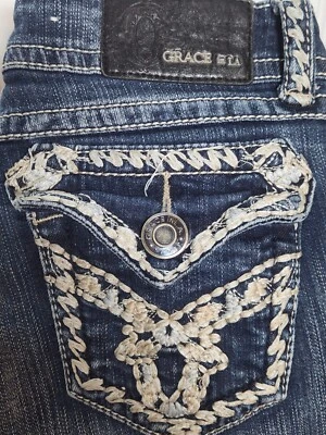 Grace In LA Jeans Bootcut Womens 28 Embellished Flap Distressed Whisker (29x34)* - Image 1 of 4