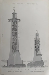 1882 Antique Print; Eddystone Lighthouses, old & new Sections, Cornwall - Picture 1 of 2