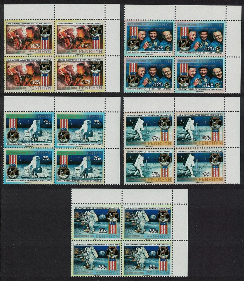 Penrhyn First Manned Moon Landing Space 5v Corner Blocks of 4 1989 MNH - Image 1 of 1
