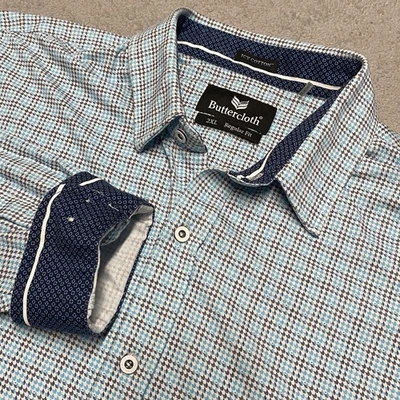 Butter Cloth Shirt Mens 2XL Blue Icy Cotton Geometric Plaid Flip Cuff Stretch - Image 1 of 4