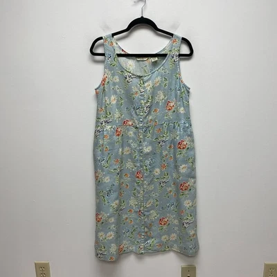 Vestido De Colección Eddie Bauer Mujer Azul Floral Vintage Lino Sin Mangas Botón Frontal PM Foto 1 de 4