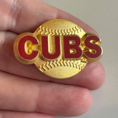 Vintage Chicago Cubs Gold Baseball Script Enamel Lapel Pin Peter David MLB - Image 1 of 4
