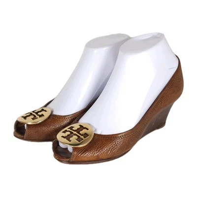 Tory Burch Women’s Sally US 6M? Brown Leather Logo Peep Toe Wedge Pumps Shoes - Image 1 of 4