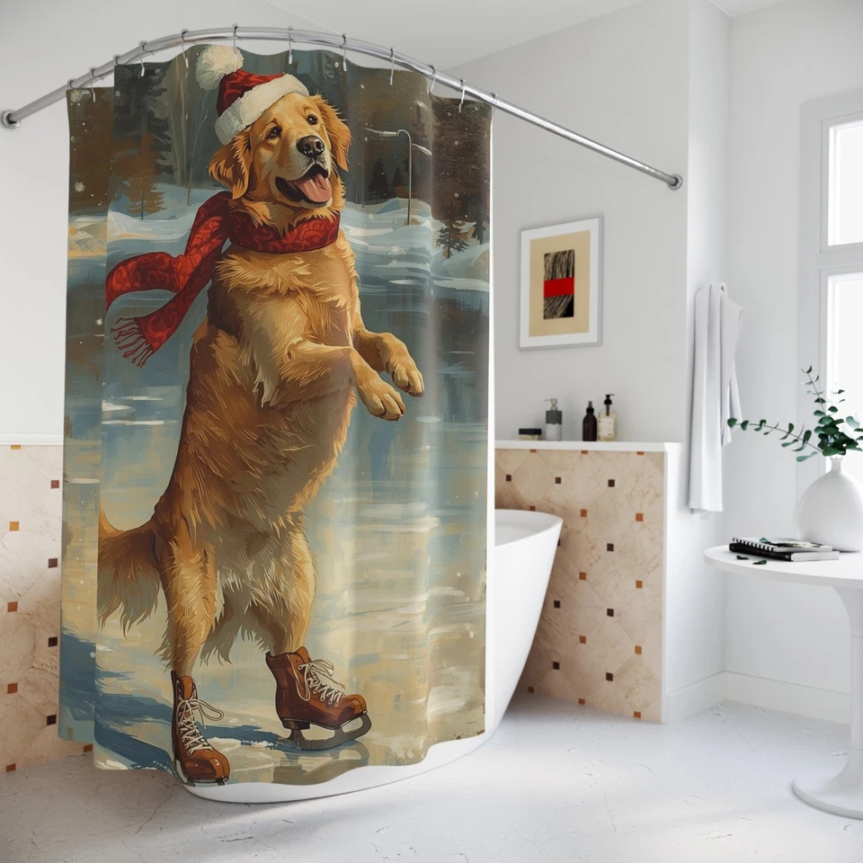 Golden Retriever on Ice Shower Curtain, Winter Bath Decor, Gift for Dog Lover - Image 1 of 1