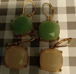 2 pairs Joan Rivers Sparkling Faceted  Square Earrings green cream Gold Vintage - Picture 1 of 1