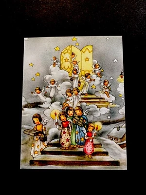 1 VTG Crestwick Xmas Greeting Card Angels W/ Candles Over Stairway To Heaven - Image 1 of 3