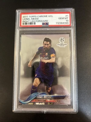 LIONEL MESSI 2017 TOPPS CHROME UCL RIGHT LEG FORWARD #1 PSA 10 GEM MINT - Image 1 of 2