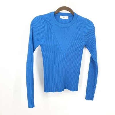 Mango MNG Women Size Medium Shirt Royal Blue Ribbed Stretch Sweater Top Slim Fit - Image 1 of 4