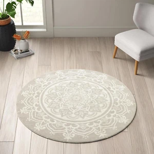 2' Small round Area Rug 24In Grey Ivory Boho Mandala Print Circle Rugs Non-Slip - Picture 1 of 9