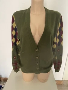 Valentino Jumper Cardigan Vintage Green Wool Cable Knit Button 80s Floral Size M - Picture 1 of 12