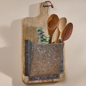 Schneidebrett Wandtasche Holz verzinkt Metall Küche - Bild 1 von 4