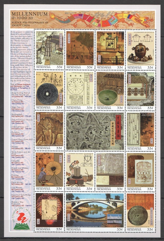 EC105 MICRONESIA MILLENNIUM 0-1000 SCIENCE & TECHNOLOGY OF ANCIENT CHINA 1SH MNH - Image 1 of 1
