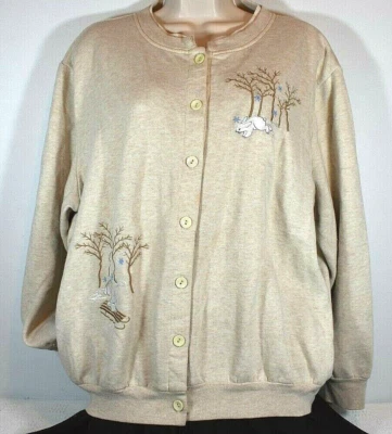 Chaqueta beige ligera para mujer con lindos conejitos bordados, botones - talla L Foto 1 de 4