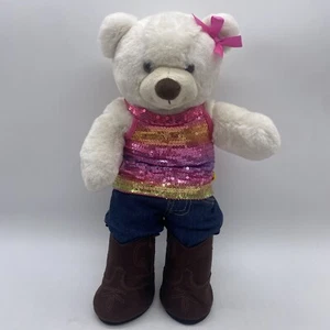 Build A Bear Cream Bear Jeans Bow Boots Shirt Sparkle Pink Plush Stuffed Animal - Picture 1 of 12