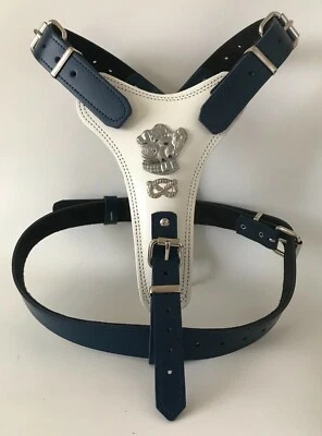 DOG HARNESS REAL LEATHER-STAFFY/STAFFORDSHIRE/STAFF BULL TERRIER/BLUE AND WHITE - Image 1 of 4