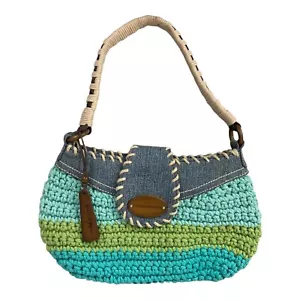 Tommy Hilfiger Y2k Crochet Knit Purse Handbag Canvas Handle Blue Green Brown - Picture 1 of 14
