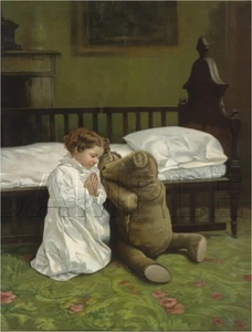  ANTIKER TEDDYBÄR DRUCK SCHLAFENSZEIT GEBET KIND KRIPPE VINTAGE LEINWAND KUNST  - Bild 1 von 1