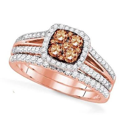 Juego de anillos de boda y compromiso de oro rosa de 14 quilates diamantes marrón chocolate 1,00 quilates Foto 1 de 4