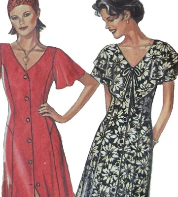 1980s Flutter Sleeve Capelet Button Through Dress New Look 6184 Sewing Pattern - Image 1 of 3