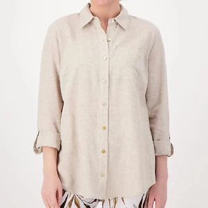 Susan Graver Women Pure Linen Blend Button Front Shirt Flax Size Large *NEW* - Picture 1 of 4