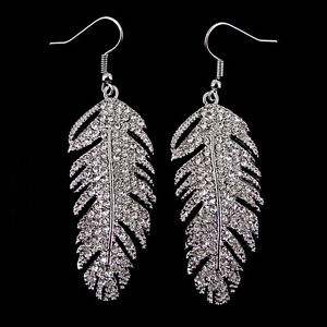 Twinkling 5cm Long Feather Use Austria Crystal 18K White Gold-plated Earrings 
