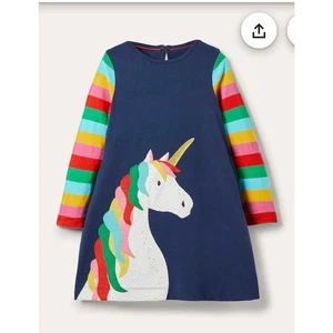 Mini Boden Girls Rainbow Unicorn Appliqué Dress Casual Navy Blue Size 4-5YRS - Picture 1 of 12