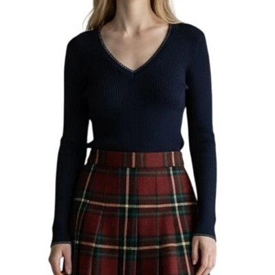 Blusa MOTH by Anthropologie azul marinho com nervuras gola V tamanho G acabamento metálico férias - Imagem 1 de 4