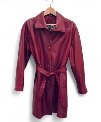 Gabardina chaqueta de cuero con cinturón vintage Vera Pelle de gran tamaño rojo cereza XS Foto 1 de 4