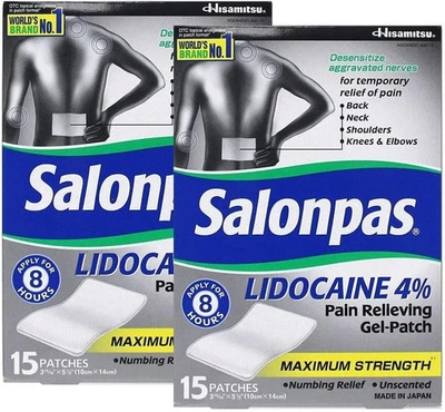Parche de gel para aliviar el dolor Salonpas 4% máxima fuerza 15 parches (paquete de 1) Foto 1 de 4