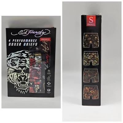 Paquete de 4 calzoncillos boxer ED HARDY para hombre S M L Performance estampados multicolores surtidos Foto 1 de 4