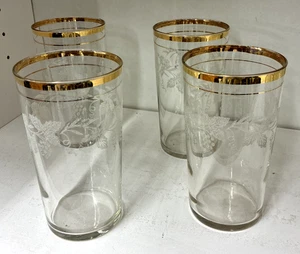 Vasos grabados vintage con borde dorado de 1950, hoja de uva - Juego de 4 vidrios transparentes - Imagen 1 de 8