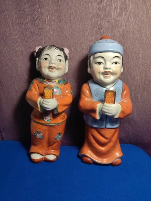Pair Vintage Chinese Porcelain Figurines Lucky Children Jade Girl & Golden Boy - Image 1 of 4