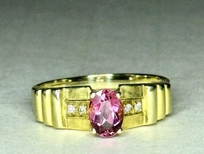 Anillo De Colección Oro 14K Turmalina Rosa 0.70ct Acento Diamante 0.04ct — Talla 9 — 4.67g Foto 1 de 4