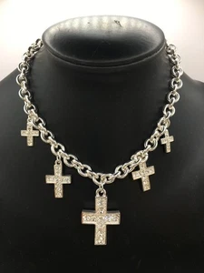 Mikey Costume Necklace Statement Multi Crosses Silver Tone 14-16" Chain J25 P213 - Picture 1 of 13