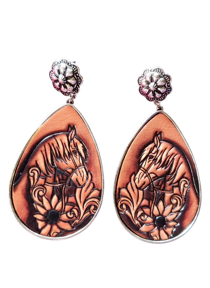 Cowgirl Leather Statement Earrings Rodeo Western 3.3 Long, Pierced, Silver Tone - Image 1 of 2