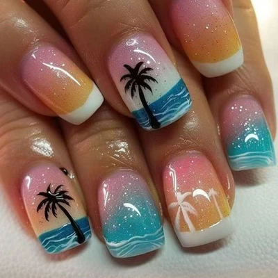 24 Pcs Summer Acrylic Nail Short Square Press On Nail Coconut Tree False Nail - Image 1 of 4