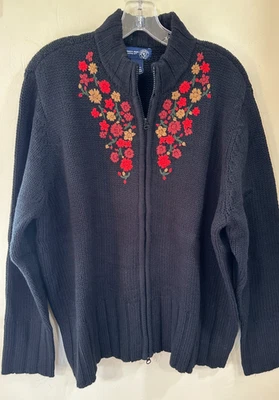 Cárdigan Suéter Venezia 18/20 Doble Cremallera Tejido Negro Simulado Cuello en T Usado en Excelente Condición Bordado Foto 1 de 4