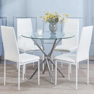 Round Glass Dining Table Set 4 White Faux Leather Chairs Compact Kitchen - Image 1 of 4