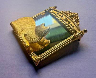 Vintage Signed JJ Jonette Cat Peering in Real Mirror Brooch Pin Victorian Style - Image 1 of 4