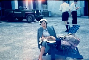 Original Vintage Photo Slide 1950s Dressed Up Woman Military Jeep In Backround - Picture 1 of 1