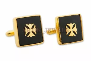 Naturale Onice Nera Gemma Con Placcato Oro 925 Argento Sterling Gemelli #2397 - Foto 1 di 4