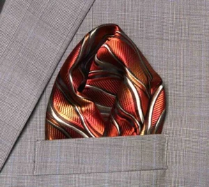Gascoigne Pocket Square Orange Brown White Wavy Stripes Men's - Picture 1 of 2